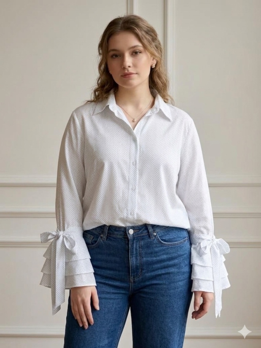 Vintage White Button-Down Blouse with Tiered Ruffle Statement Bow Cuffs